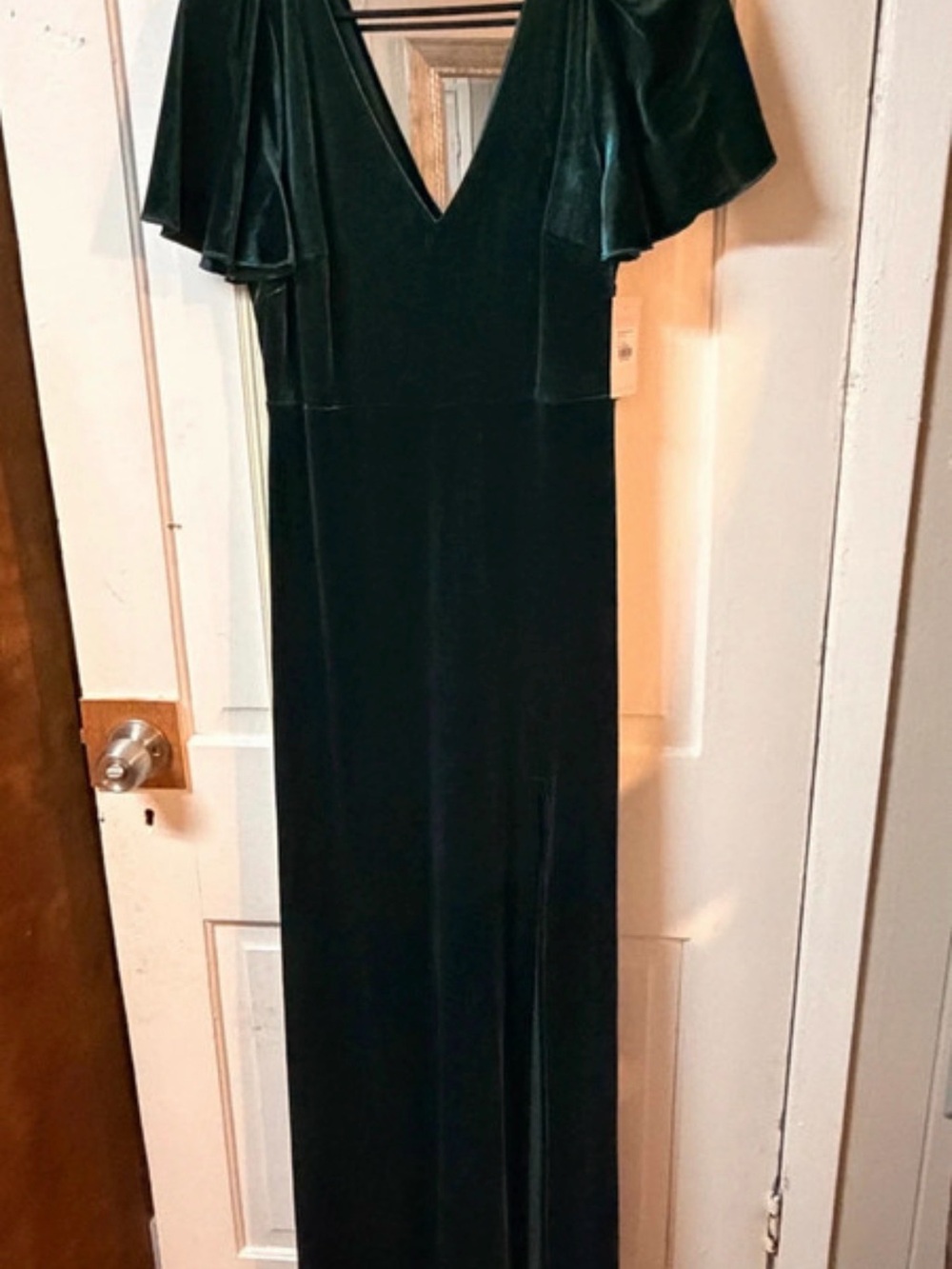 Deep Forest Green Velvet V-Neck Maxi Dress with Flutter Sleeves and split